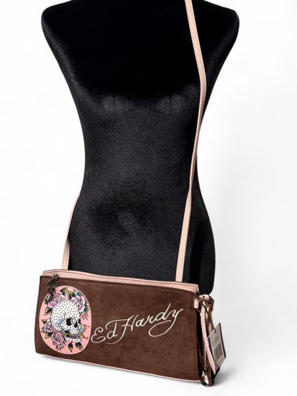 Ed Hardy Rhinestone Skull Suede Baguette Bag